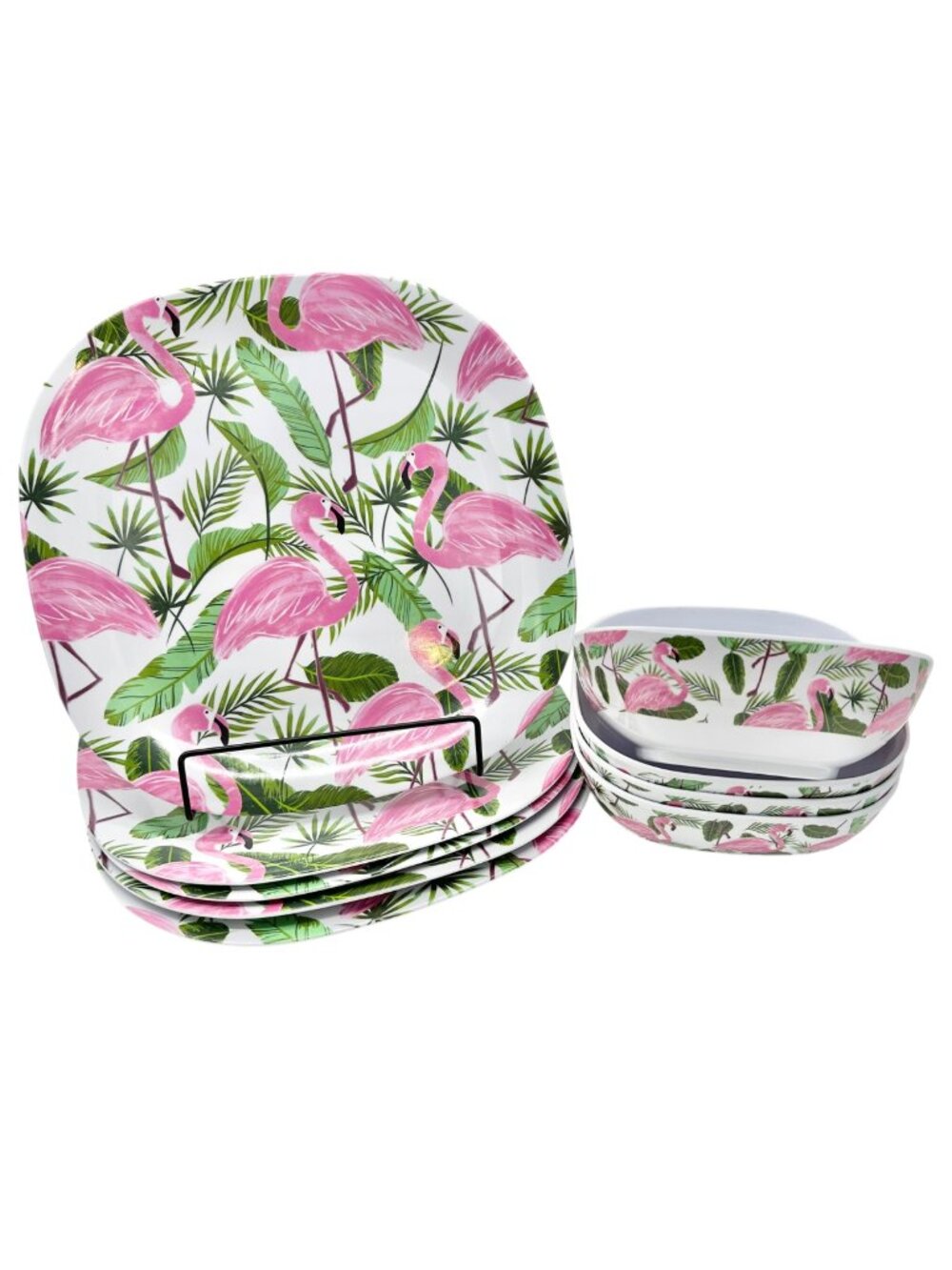 Flamingo Themed Melamine Dinnerware Set 5 Plates 4 Bowls Tropical Design Sturdy